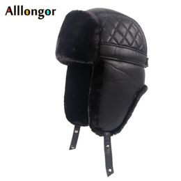 Haute qualité 2019 hiver en cuir pilote casquette Faxu fourrure russe ushanka chapeaux oreillette Bomber chapeau hommes noir neige chapeaux T191022221q