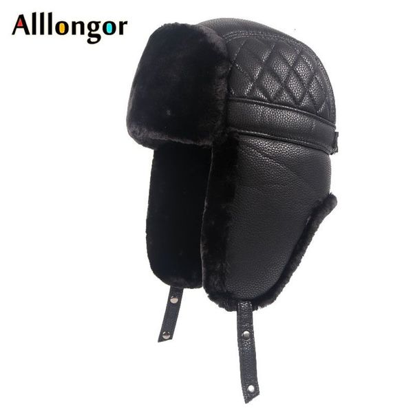 Haute qualité 2019 hiver en cuir pilote casquette Faxu fourrure russe ushanka chapeaux oreillette Bomber chapeau hommes noir neige chapeaux T191022254f