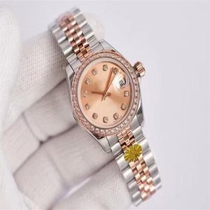 Alta calidad 26 mm moda oro rosa Reloj de vestir para mujer Esfera de diamante Relojes mecánicos automáticos impermeables para mujer Acero inoxidable 204x