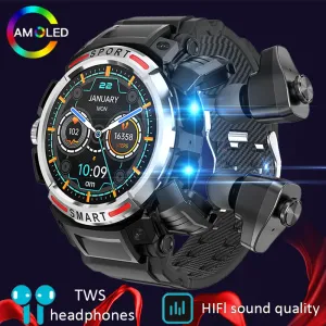 Hoge Kwaliteit 3 in 1 Mannen Slimme Horloge Met TWS Oordopjes AMOLED Bluetooth Headset Smartwatch Met Speaker Tracker Muziek sporthorloge