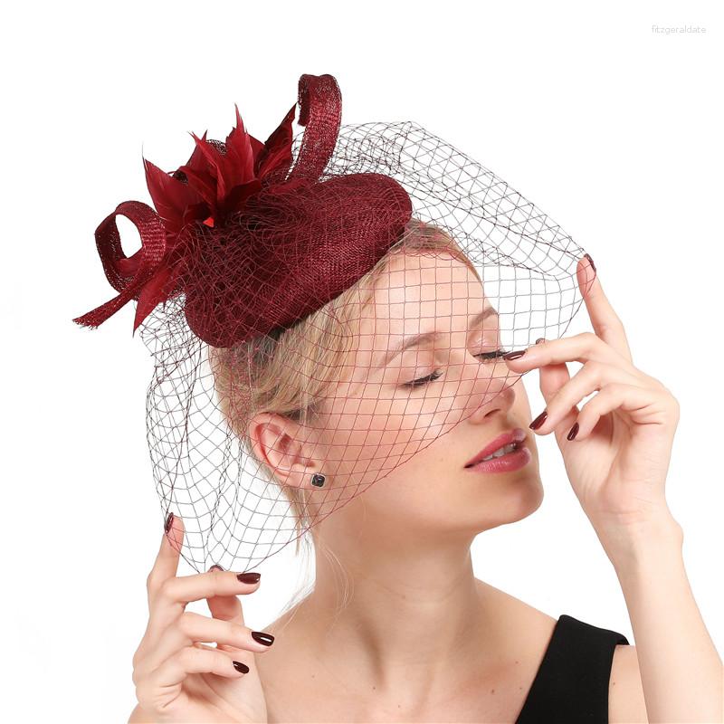 Высококачественные 4 слоя Sinamay свадебные сетки очарование шляпа Marron Veils Accessory Accessories Женские перья элегантный головной убор