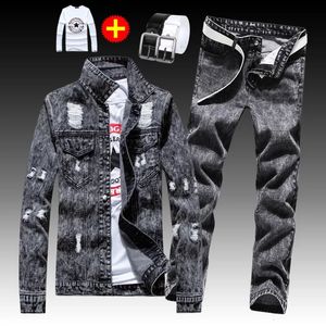 4 PCS 4 PCS Set Hip Hop Spring Automne Mens Mens Denim Veste Pantalons de jeans à coucher à poitrine simple avec courroie de chemise 240426