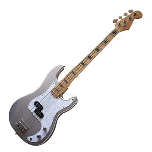 Guitarra eléctrica eléctrica de plata de alta calidad-4 cuerdas con incrustaciones de abulón, diapasón de arce, pickguard blanco perlado en blanco