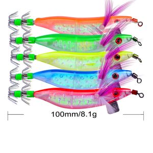 Jigs de calamar de alta calidad, 5 colores, 10cm, 8,1g, señuelo de pesca de agua salada, 5 uds., gambas luminosas para sepia, Kit de Señuelos de Pesca de pulpo