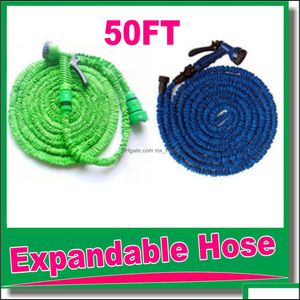 Hoge kwaliteit 50ft intrekbare slang / expandeerbare tuinslang Blauwgroene kleur Snelle connector water met pistool OM-D9 Drop levering 2021 Watering E