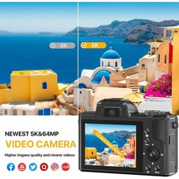 Cámara digital 5K de alta calidad con enfoque automático, zoom óptico 5x y cámara de vlogging de 64MP para YouTube - Cámaras de doble viaje compactos con tarjeta SD de 64 GB