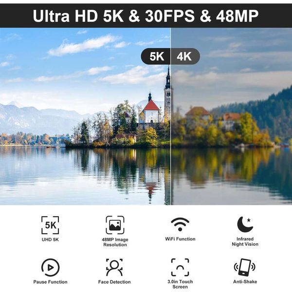 Videocámara con cámara de vídeo 5K de alta calidad con resolución UHD de 48 MP, Wifi, visión nocturna por infrarrojos, teléfono para vlogging de YouTube: pantalla táctil, zoom digital de 16X, estabilizador de lentes