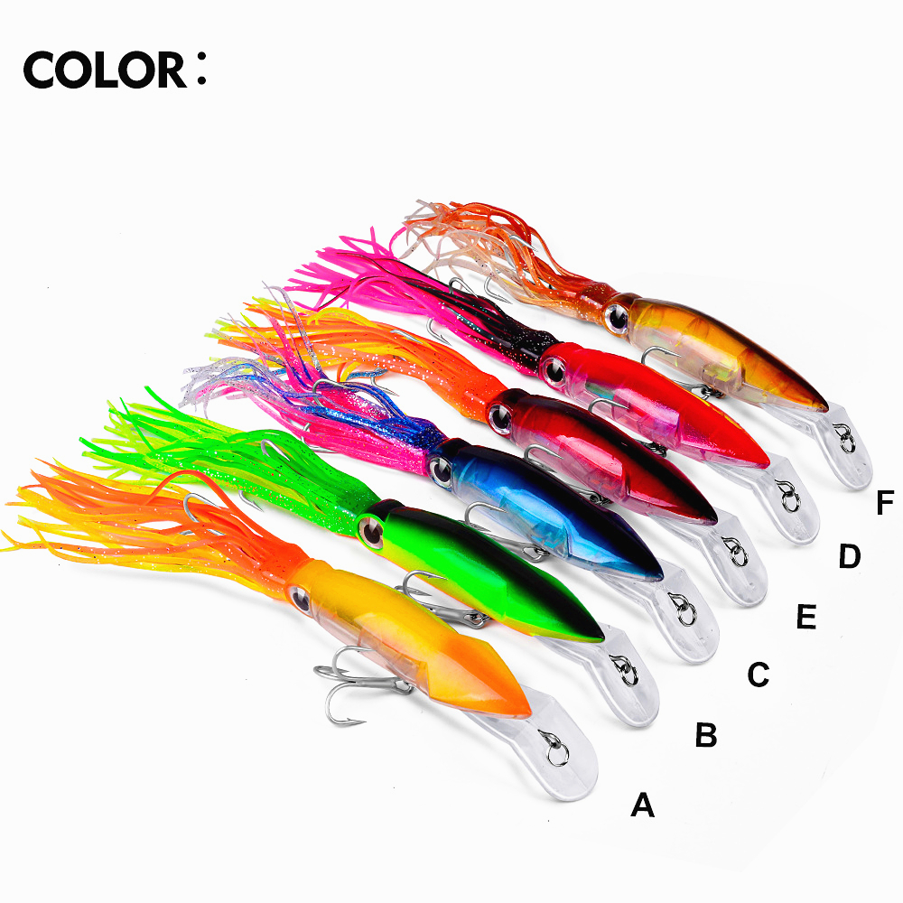 Alta qualità 6 colori 14 cm 40 g Esche da pesca Esche per calamari Occhi 3D con barba Esca per pesci Gancio K1621