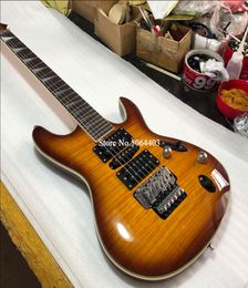 Guitare électrique à 6 cordes de haute qualité, placage de tigre jaune, touche en bois de rose, double pont à bascule, raccords argentés 2140809