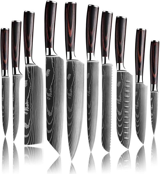 7cr17mov Chef en acier inoxydable Ensemble de couteau japonais Kitchet Sharp Cleaver Utilitaire Séliquant Santoku Laser Damas Pattern3316593