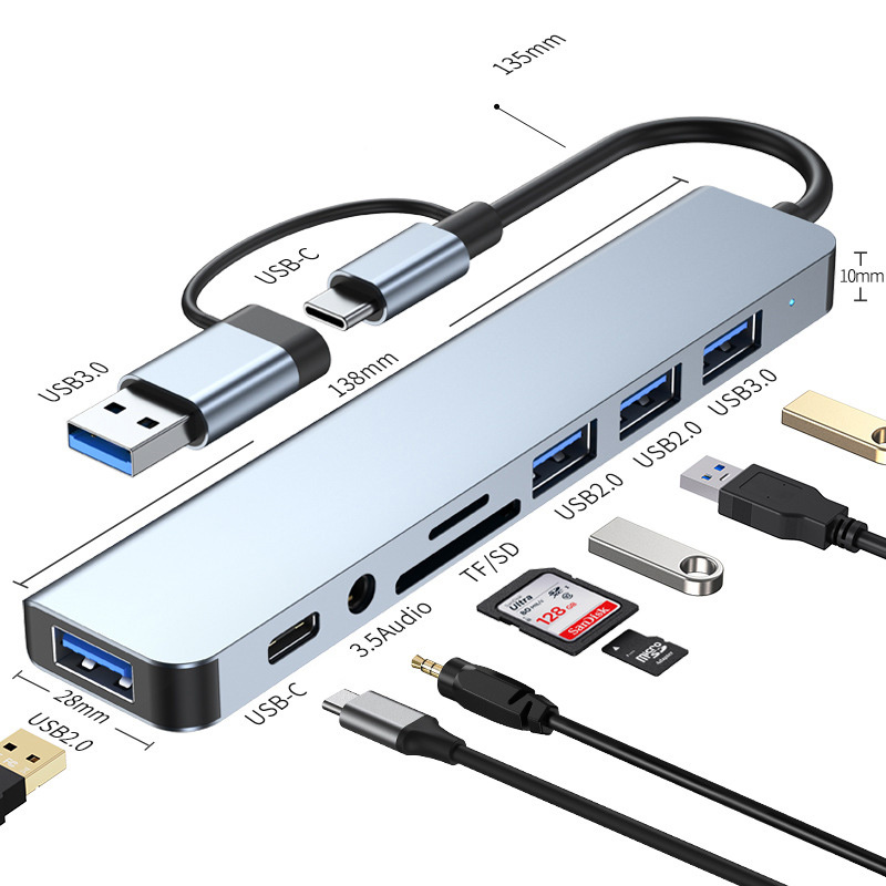 Högkvalitativ 8 i 1 USB Hub Type C Splitter till USB 3.0 3,5 mm Jack Adapter -kortläsare Multipla portar Dock Station för MacBook Notebook Laptop