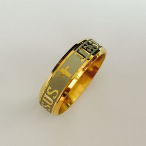 Hoge kwaliteit 8mm 316L roestvrij staal 18K goud verzilverd christelijke ring jezus kruis Brief bijbel zilveren band ring mannen vrouwen groothandel