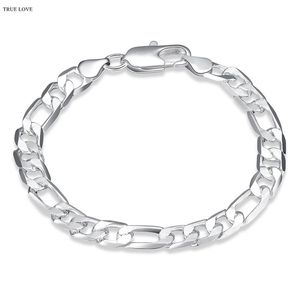 Pulsera de cadena Figaro chapada en plata de ley 925 de alta calidad, 8MMX20CM, joyería de moda para hombre, precio bajo, venta al por mayor, envío gratis