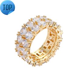 Alta calidad 9 mm de dos filas de diamantes redondos de oro triturado CZ Hippie Gay Anillos de compromiso Men Cheap Hip-Hop Jewelry Enlay