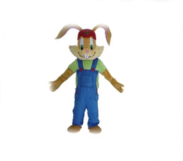 Haute qualité un costume de mascotte de lapin brun sur mesure avec bretelle bleue et chemise verte à vendre