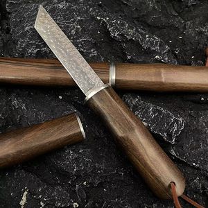 Couteau droit de survie de haute qualité A2283 Damas en acier Tanto Point Blade Ebony avec poignée en acier Couteaux à lame fixe extérieure avec gaine en bois