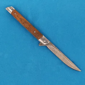 Cuchillo plegable Flipper A2367 de alta calidad 3Cr13Mov Patrón láser Hoja de punto de caída Mango de hoja de madera / acero Cojinete de bolas Cuchillos de bolsillo EDC de apertura rápida con funda de cuero