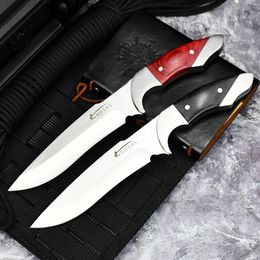 Haute qualité A5029 couteau de chasse droit de haute qualité 440C lame satinée bois pleine soie avec poignée en acier Camping en plein air randonnée couteaux de survie avec gaine en cuir