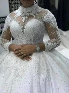 Hoge Kwaliteit Afrikaanse Trouwjurk 2024 Illusie Hoge Hals Kant Parels Kralen Lange Mouwen Bruidsjurken Vestidos De Noiva Custom made