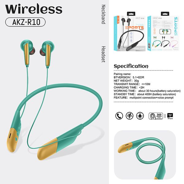 Alta calidad AKZ-R10 Bluetooth V5.0 Auriculares Tendencia Tendencia Cuello inalámbrico TWS Earphone Earbudos Earbudos