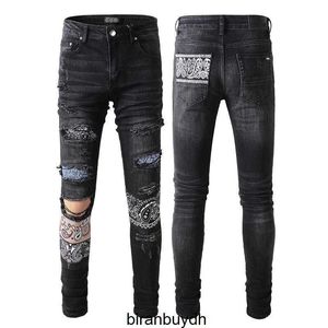 Jeans de patch en détresse de la rue Am Slim de haute qualité avec des leggings minces élastiques à motifs