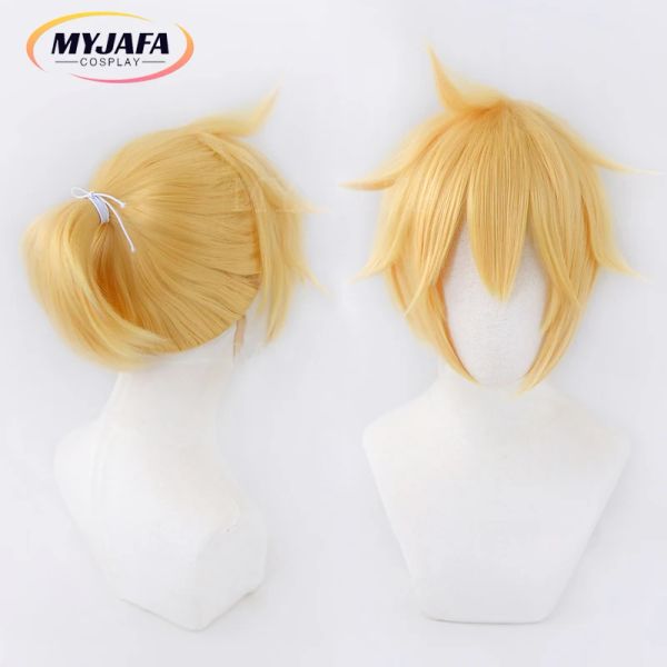 Anime anime de haute qualité Len Cosplay Wig Short Golden Blond Pigtail Pigne de chaleur Synthétique Hair Perruques + Perruque