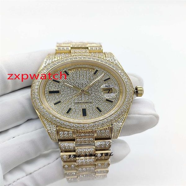 Haute qualité automatique plein diamant montre 40mm boîtier en or pierres lunette et diamants cadran plein fonctionne poignet hommes montres 308n