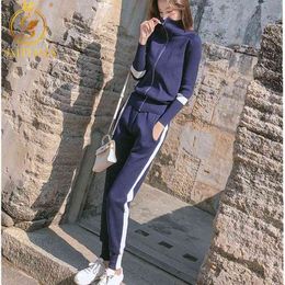 Haute qualité automne et hiver Zipper tricot veste + femmes taille élastique décontracté survêtements tricot 2 pièces pantalons ensembles 210520