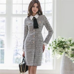 Hoge kwaliteit herfst modeontwerpers landingsbaan vrouw elegante lange mouw slanke single-breasted tweed wollen jurk 210519