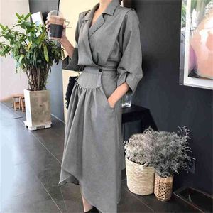 Hoge kwaliteit herfst korea mode gekerfd driekwart mouw onregelmatige zoom Mid-kalf jurk vrouw 210603
