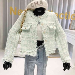 Hoge kwaliteit herfst winter wollen tweed jas jas vrouwen crop top Koreaanse lange mouwen plaid vrouwelijke uitloper mujer chaqueta 210514