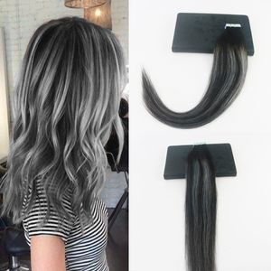 Ombre Tape In Hair Extensions Human 100G Virgin Brazilian Straight Remy Hair 40Piece PU Skin Weft Balayage color#1B/Silver/1B