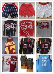 Hoge kwaliteit basketbal 22 Clyde Drexler Jersey Black Red 34 Hakeem Olajuwon White Blue Stripe 13 Harden Tracy 1 McGrady Retro Jerseys