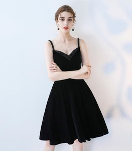 Vestidos de noche formales negros de alta calidad con cuello en V Correa de pana negra Cortos hechos a mano con cuentas Vestidos de fiesta de regreso a la escuela HY092