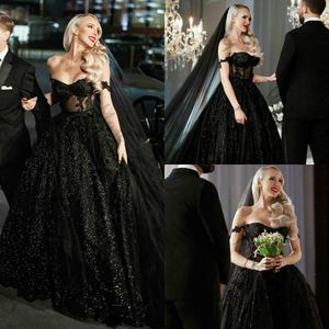 Haute Qualité Noir Gothique Hors Épaule Robes De Mariée Brillant Sans Manches Robes De Mariée Sur Mesure Robe De Mariage