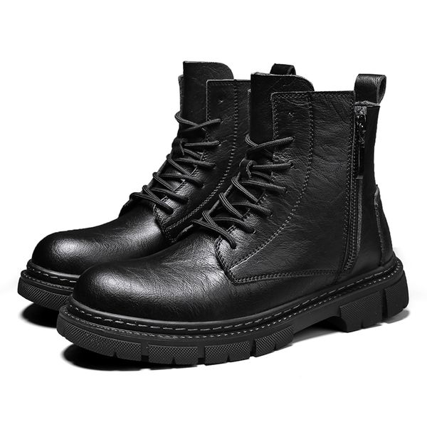 Botas de motociclista negras de alta calidad, botas de seguridad con plataforma a la moda para hombre, zapatos de cuero de alta calidad, botas para hombre para niños, botas de fiesta