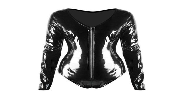 Alta calidad negro mujeres sexy brillante PVC mono de manga larga mono Ploe Dance Catsuit exótico Clubwear cremallera leotardo SXXL Wome9157721