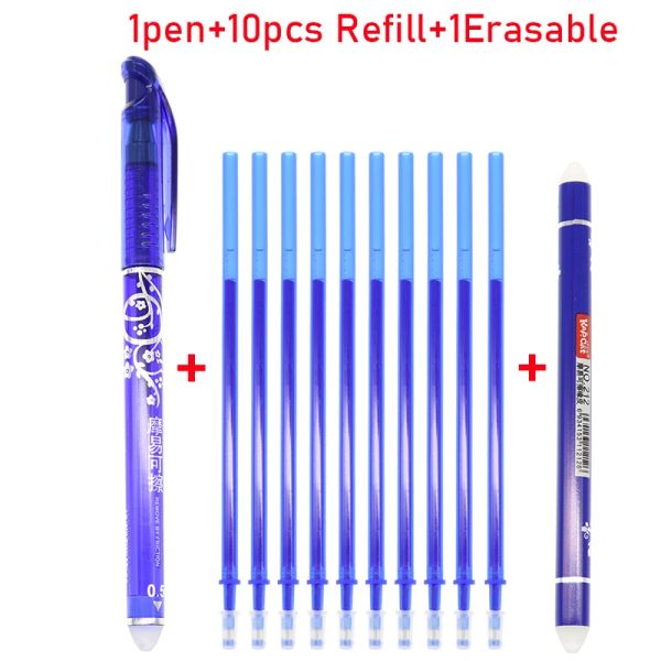 Ensemble de stylo effacable bleu de haute qualité stylo de gel magique 0,5 mm (1 stylo plus 10 recharges plus 1 gomme)