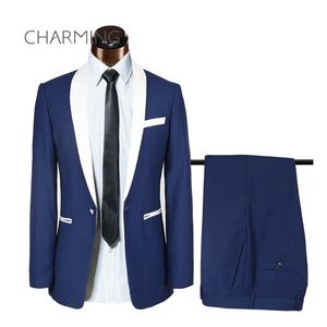 Tuxedos de mariage pour hommes bleus de haute qualité, excellents smokings de marié avec châle blanc, blazer à revers, costume 2 pièces (veste + pantalon + cravate) 1359