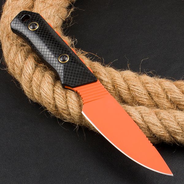 Cuchillo de caza recto BM15600 de alta calidad D2 Hoja con revestimiento de titanio Espiga completa Nylon más mango de fibra de vidrio Cuchillos de supervivencia con hoja fija para exteriores con Kydex