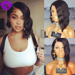 Haute qualité style bob partie latérale simulation perruque de cheveux humains naturel noir synthétique courte dentelle avant perruques pour femmes avec des cheveux de bébé