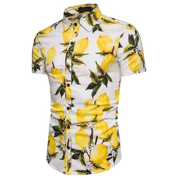 Camisas para hombre de marca de alta calidad 2020 Nueva moda Playa de verano Cuerpo grande Patrón de limón Teñido Camisa de manga corta para hombre Casual XXXL X0611659