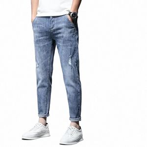 Marca de alta calidad Summer Stretch Cott Hole Longitud de tobillo Jeans delgada de diseño de calle Pantalones de mezclilla Corea Casual S9df#