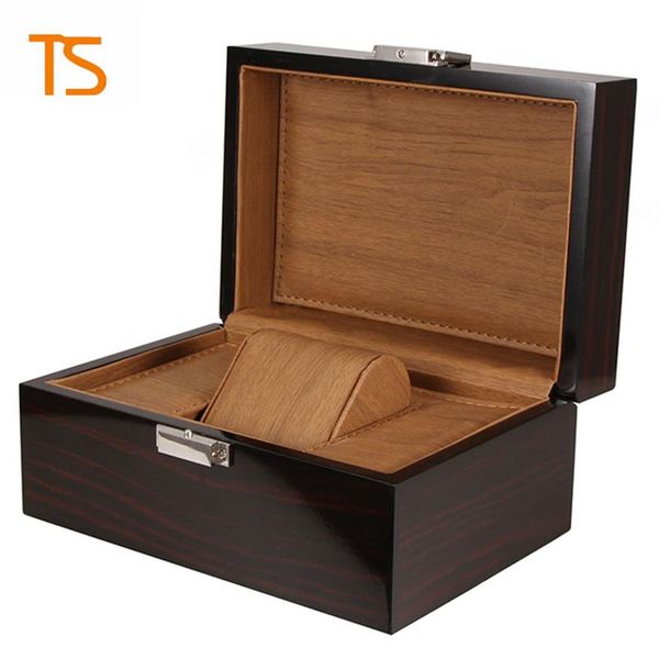 Marca de alta calidad Caja de reloj de madera Cajas de relojes negras Caja de regalo Logotipo de la corona Caja de madera con tarjetas de folletos brillo LSL0130210m