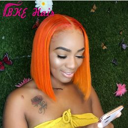 Cheveux brésiliens de haute qualité couleur orange Bob perruque soyeuse droite courte dentelle avant perruque résistant à la chaleur perruques synthétiques pour les femmes noires