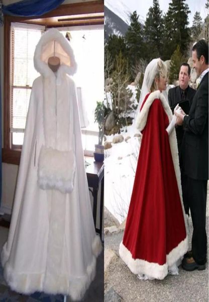 Capes nuptiales de haute qualité avec capes de mariage avec une garniture en fausse fourrure rouge blanc parfait pour l'hiver enveloppement de la veste pas cher6223574