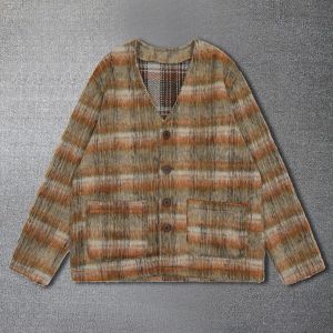 Cardigan Mohair à carreaux marron de haute qualité, pull en tricot mélangé, col en v, veste en tricot pour hommes, mode d'automne
