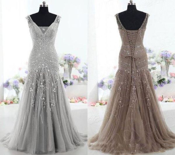 Robe de soirée marron de haute qualité taille basse col en V sirène tribunal train perles paillettes robes de bal Tulle mère de la mariée Dres9137616