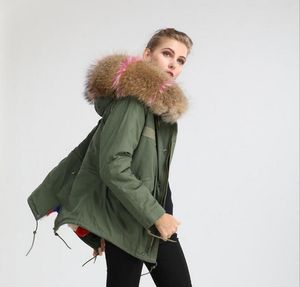 Haute qualité marron rose fourrure de raton laveur garniture Meifeng marque femmes neige manteau multicolore treillis fourrure doublé armée vert toile mini parka