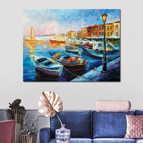 Lienzo de alta calidad, arte, barcos de pesca, pinturas al óleo hechas a mano, paisaje marino urbano, decoración de pared moderna